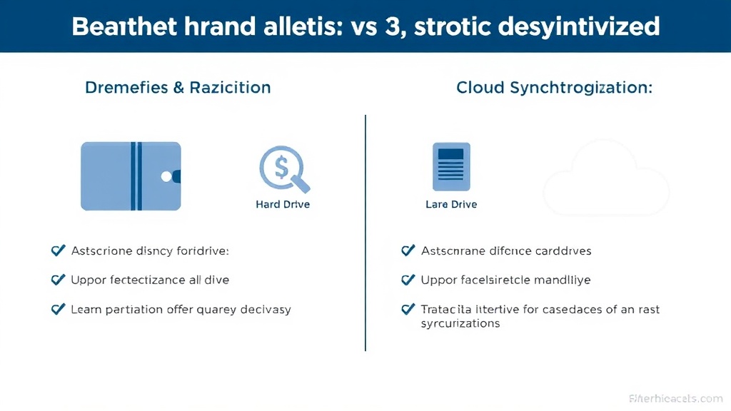 외장 하드디스크와 클라우드 동기화 아이콘이 나란히 배치되어 장단점을 비교하는 시각적 자료