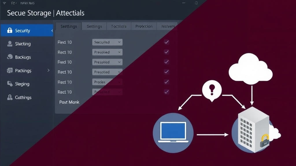 NAS 시스템의 보안 설정 화면과 외부 위협으로부터 데이터를 보호하는 백업 다이어그램